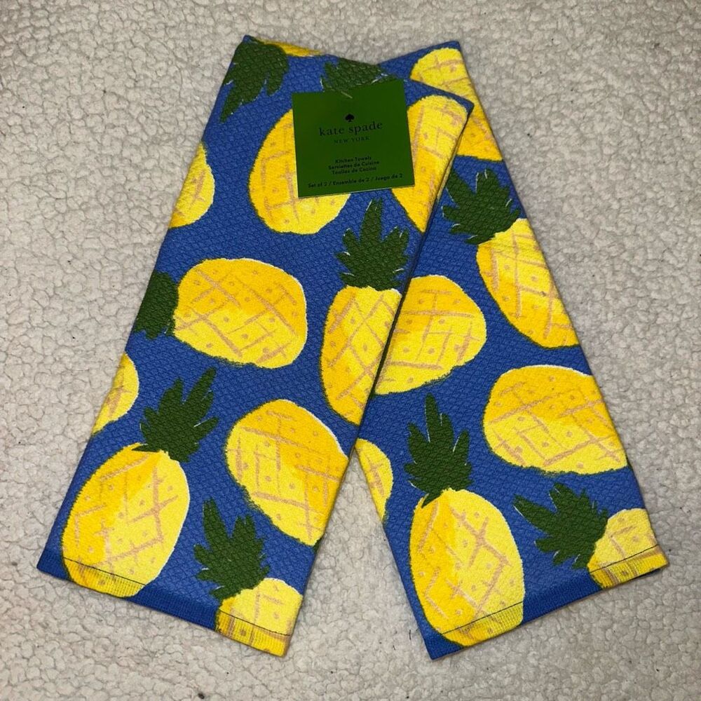 Kate Spade Kitchen Towel Set Blue Yellow Pineapple Set of 2 NWT